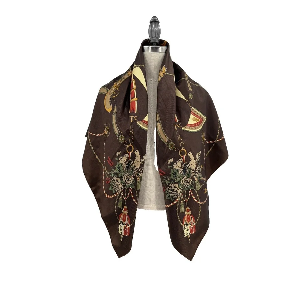 Equestrian Hunting Satin Scarf Brown Square Horses Pistols Belts Birds